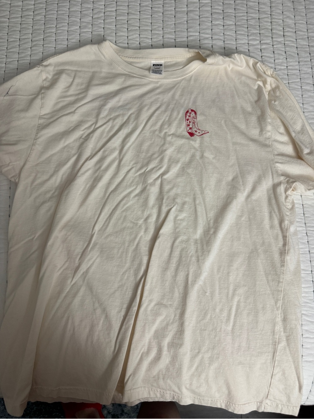 PINK Cream Short-Sleeve Tee with Red Chest Motif